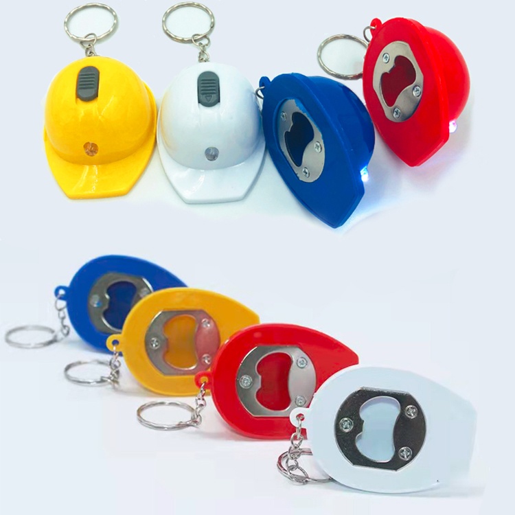 Mini LED helmet keychain with bottle opener