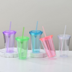 16 Oz. Reusable Plastic Cups with Colored Lid & Straw