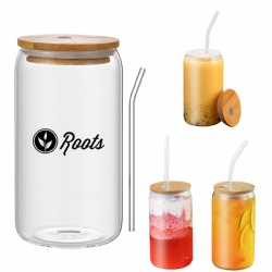 16 Oz. Drinking Glasses /w Bamboo Lid & Glass Straw